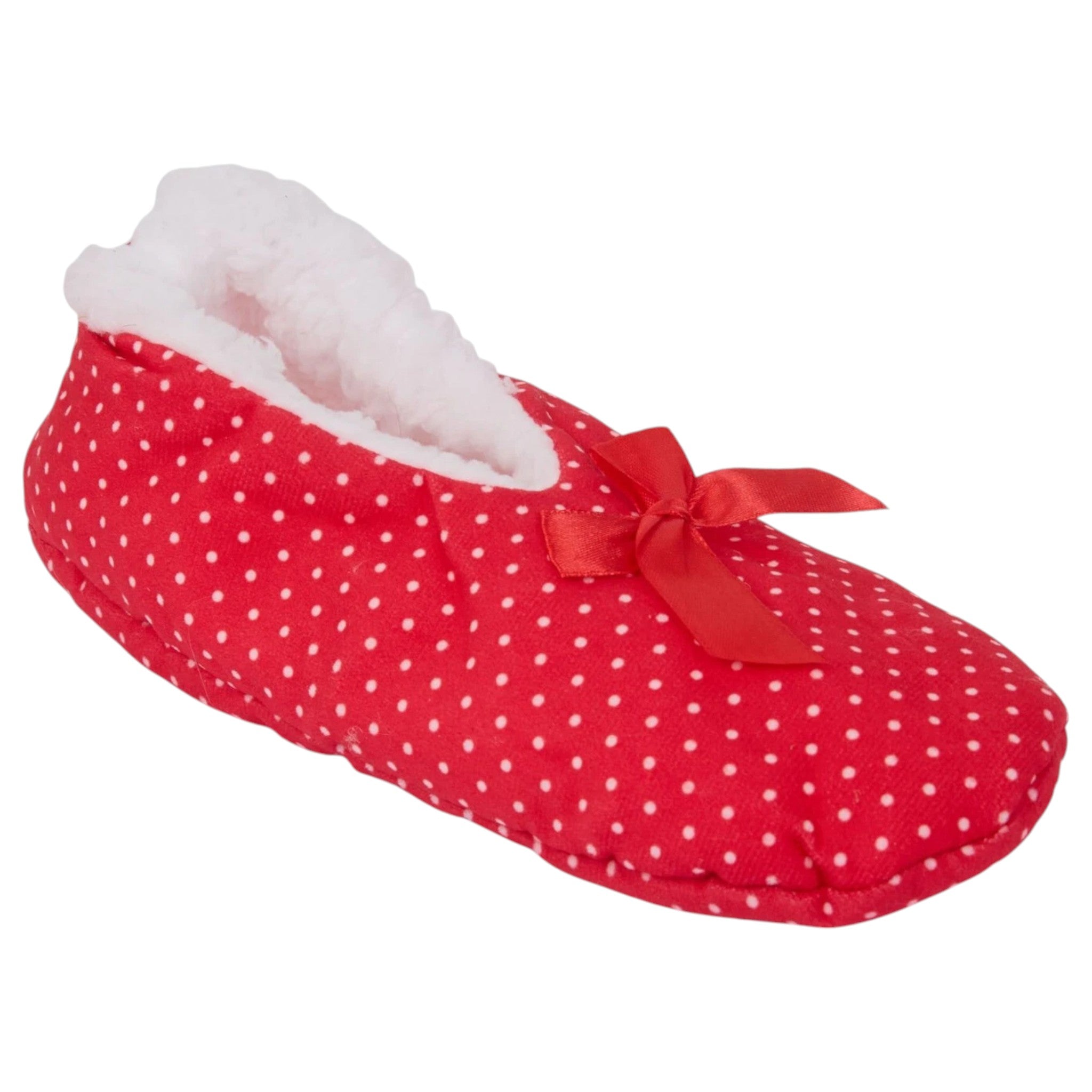 Ladies red with white spots Slip On Slippers Womens Ballerina Style Nightwear With Bow Design Fits Ladies UK 4-7